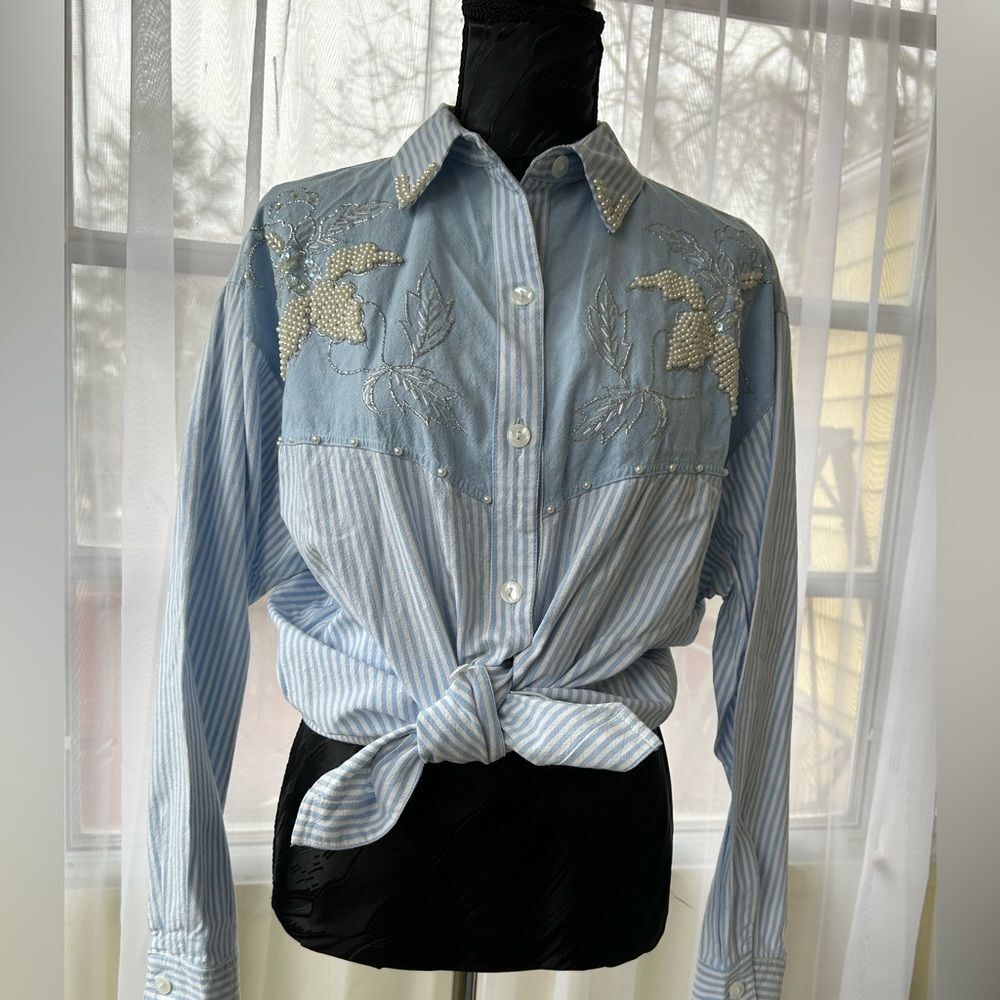 Vintage Jane Ashley Blue & White Striped Embroidered Shirt - pearl beading- 1X - Picture 6 of 12